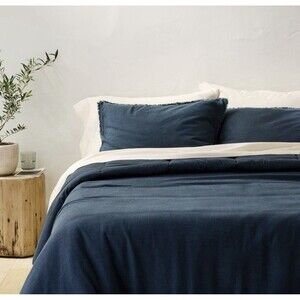 Full/Queen Heavyweight Linen Blend Comforter Set Dark Mineral Blue Casaluna NEW